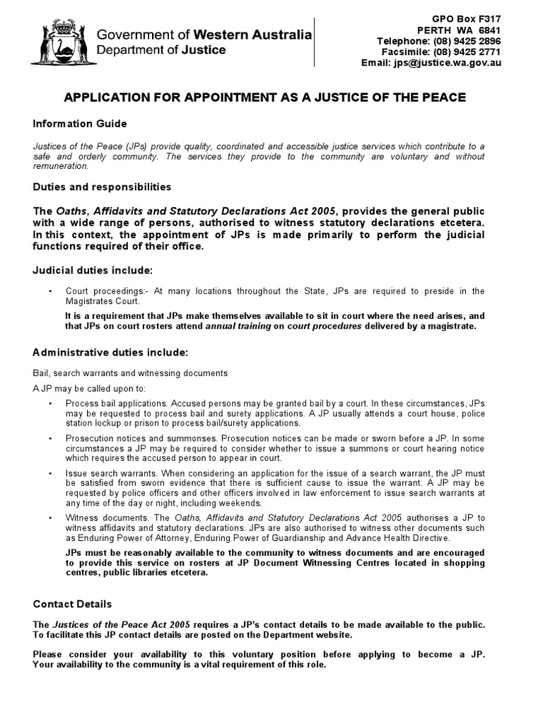 Application For Appointment As A Justice of The Peace PDF Justice