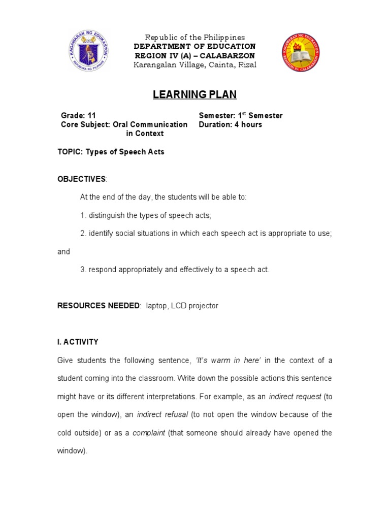 Types of Speech Acts Learning Plan | PDF | Learning | Communication