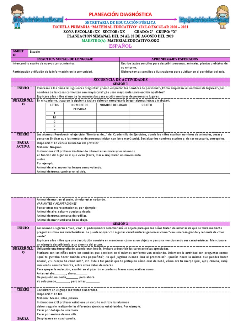 Planeacion Diagnostica Español 2 Do Grado MEX | PDF | Educación ...