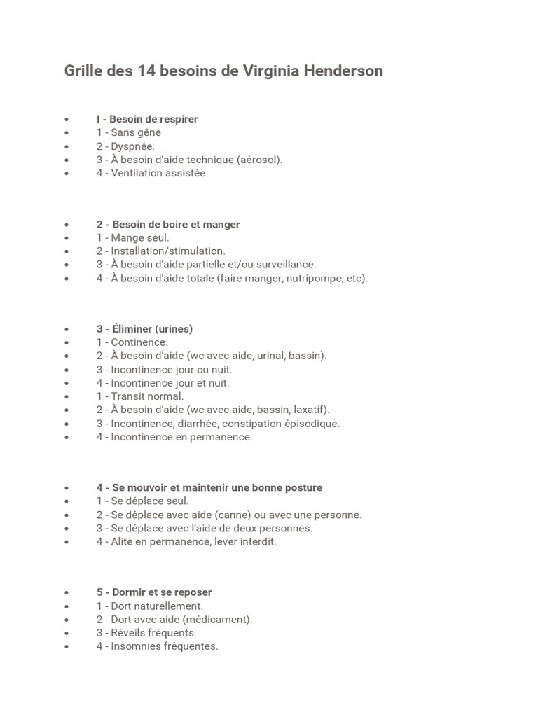 Grille des 14 besoins de Henderson | PDF | Bien-être | Médical