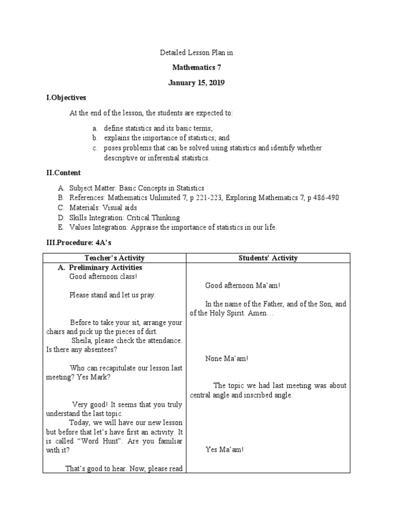 Statistics Lesson Plan for Grade 7 | PDF | Statistical Inference ...