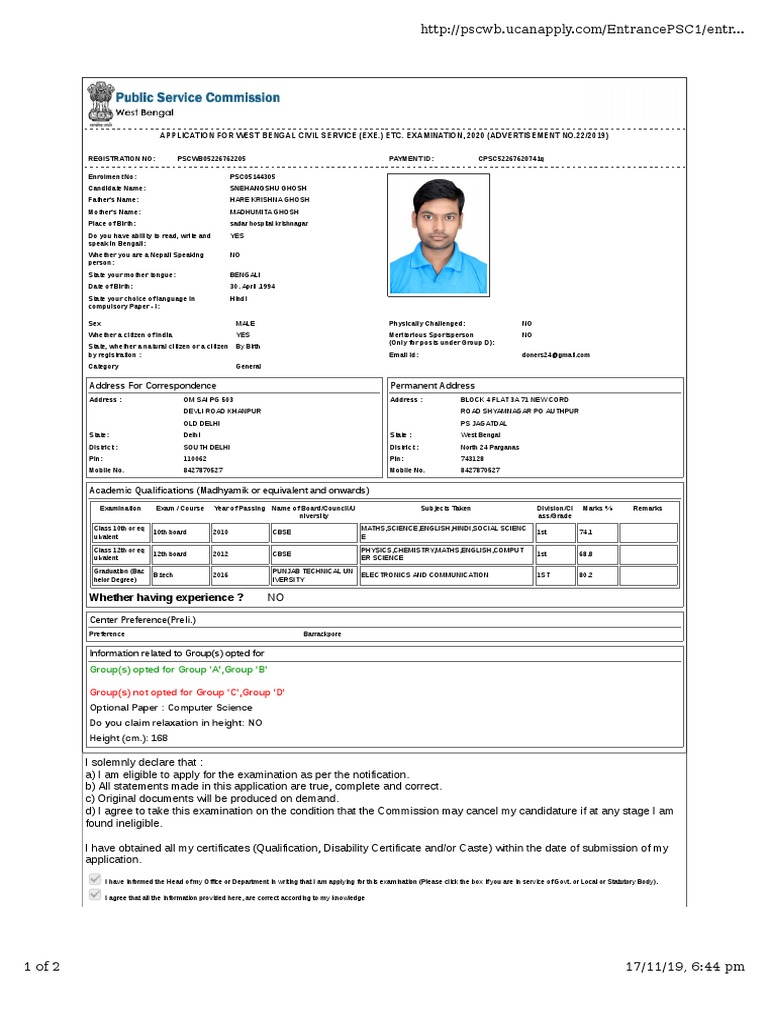 WBCS Application Form 2020 | PDF | Educational Stages | Educational ...