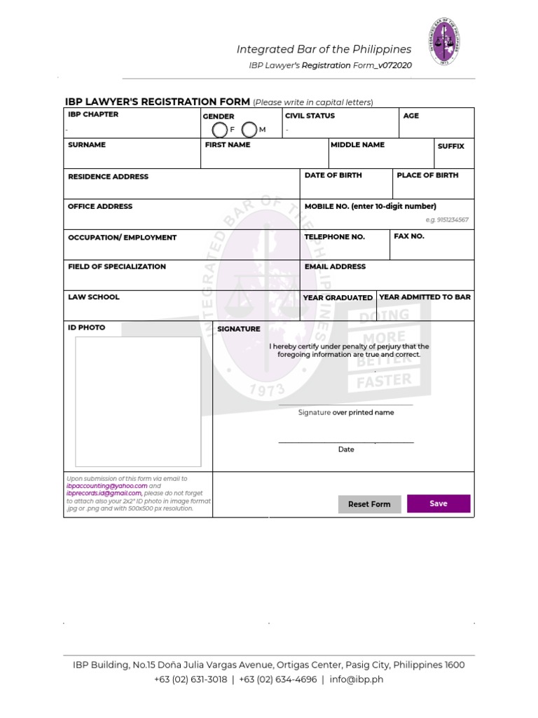 Ibp Lawyer'S Registration Form Integrated Bar of The Philippines PDF