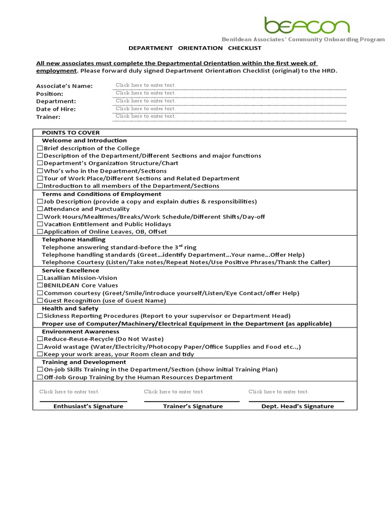 Template Department Orientation Checklist PDF Business Employment