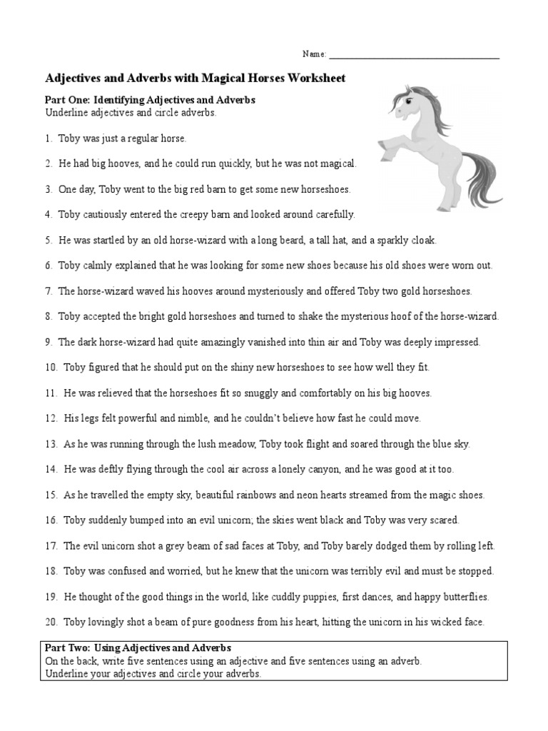 Adjectives And Adverbs With Magical Horses Worksheet