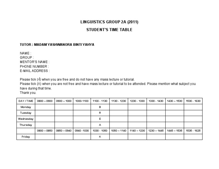 Linguistics Group 2A Student Timetable | PDF