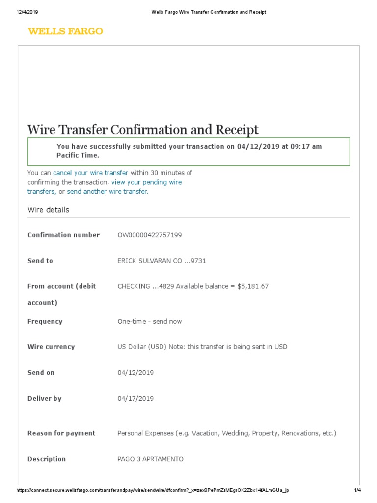 Wire Transfer Confirmation and Receipt PDF Wire Transfer