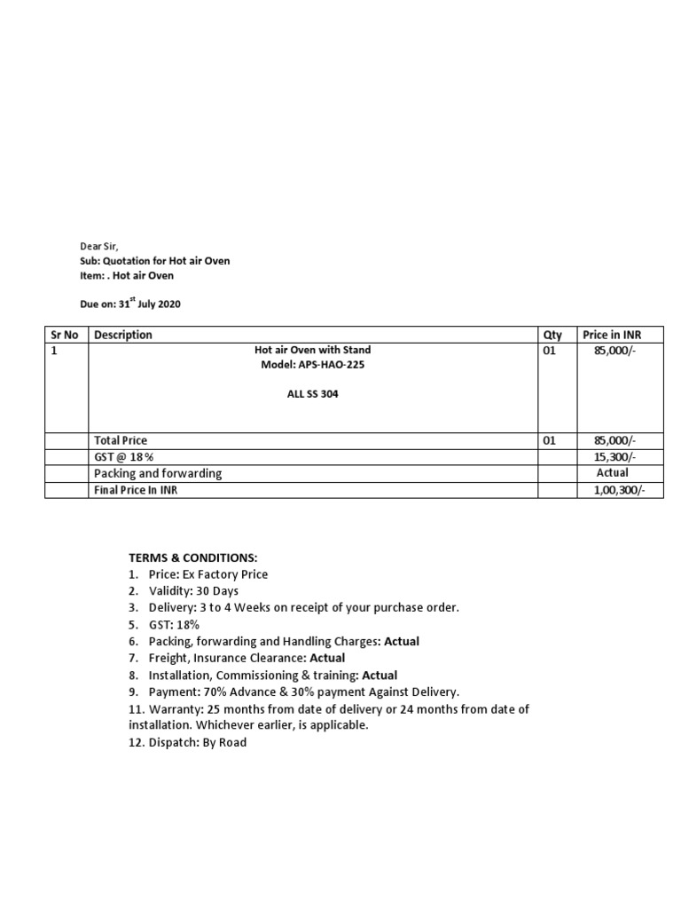 Quote Hot Air Oven PDF