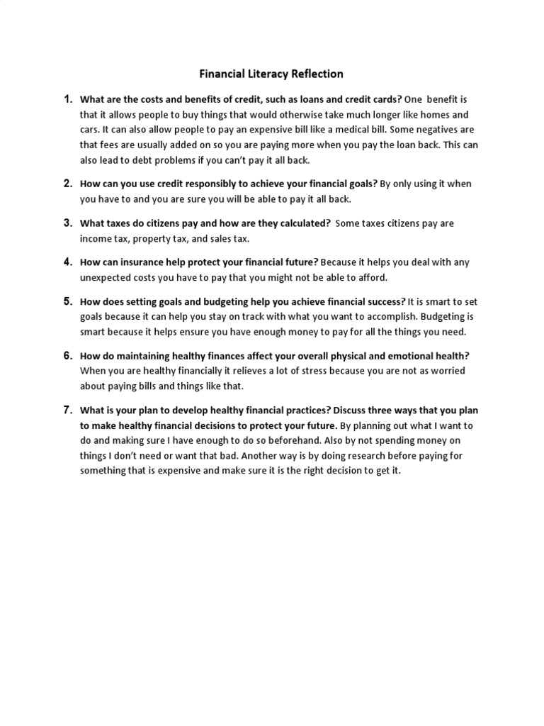 Financial Literacy Self-Reflection Guide | PDF