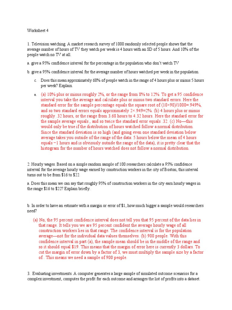 Worksheet 4 Solutions Confidence Interval Standard Error