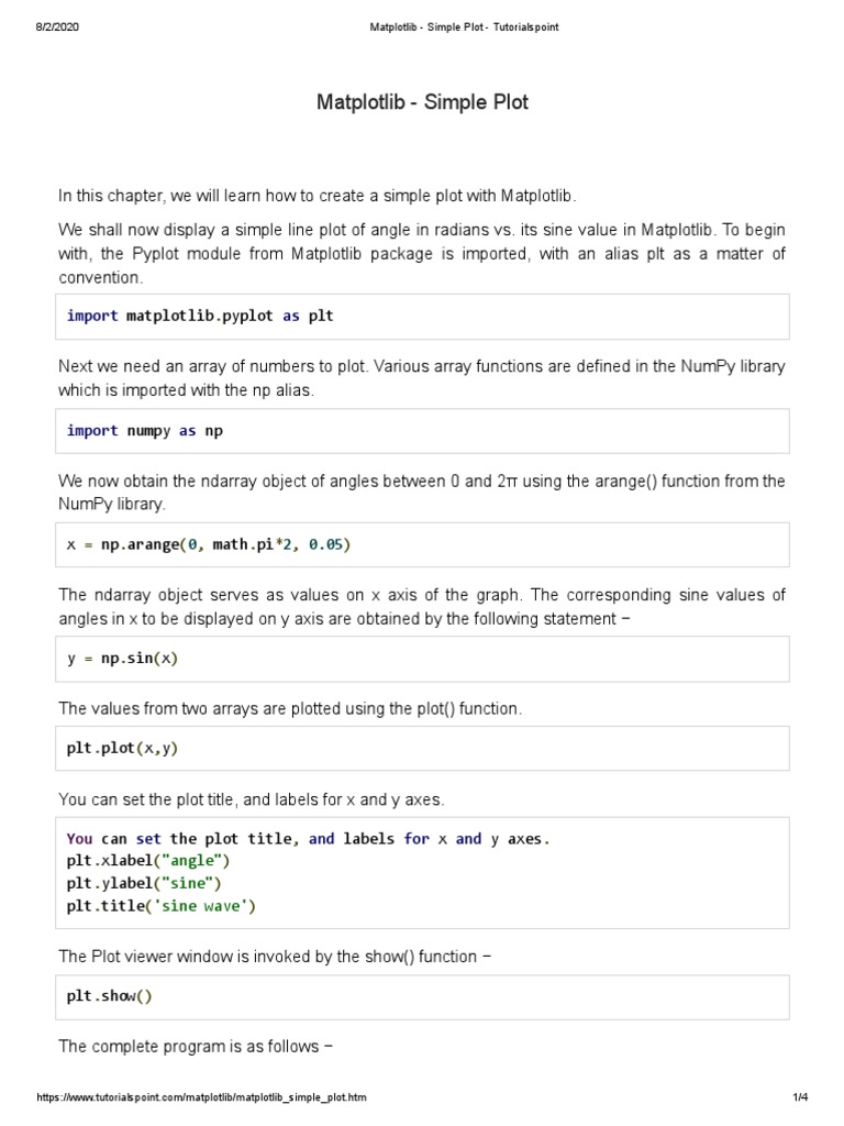 Matplotlib - Simple Plot - Tutorialspoint | PDF | Sine | Cartesian ...