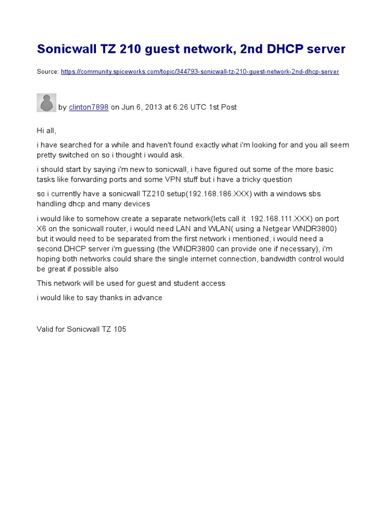 Sonicwall TZ 210 Guest Network, 2nd DHCP Server PDF Computer