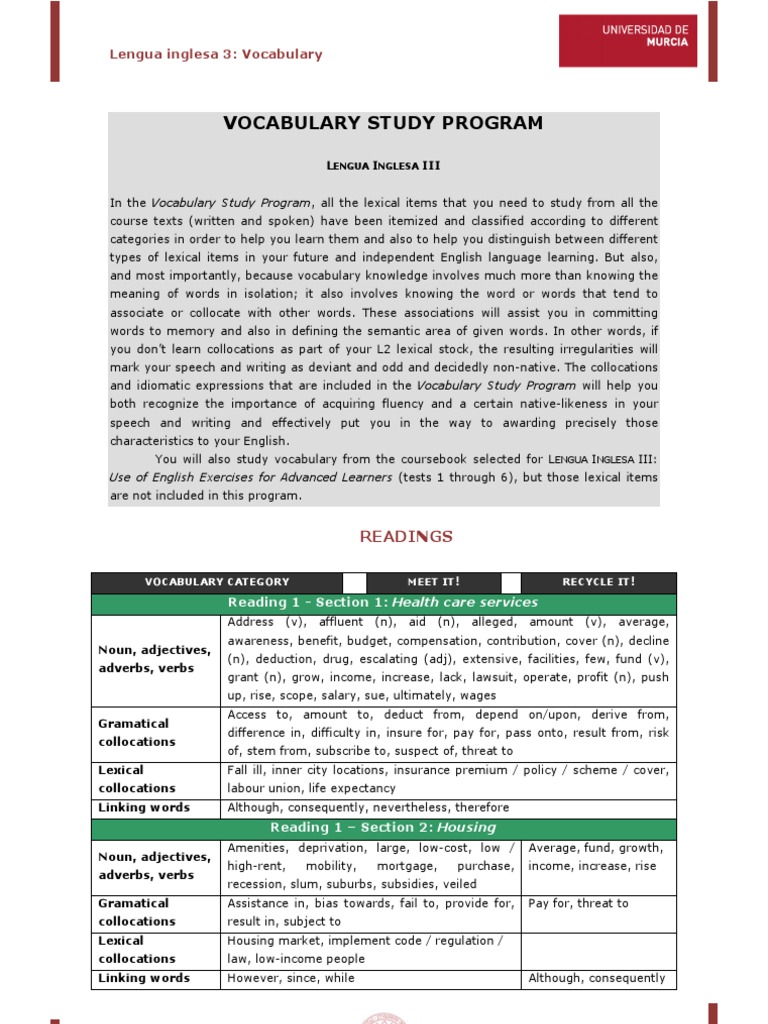 Vocabulary Study Program for English III | PDF | Vocabulary | English ...