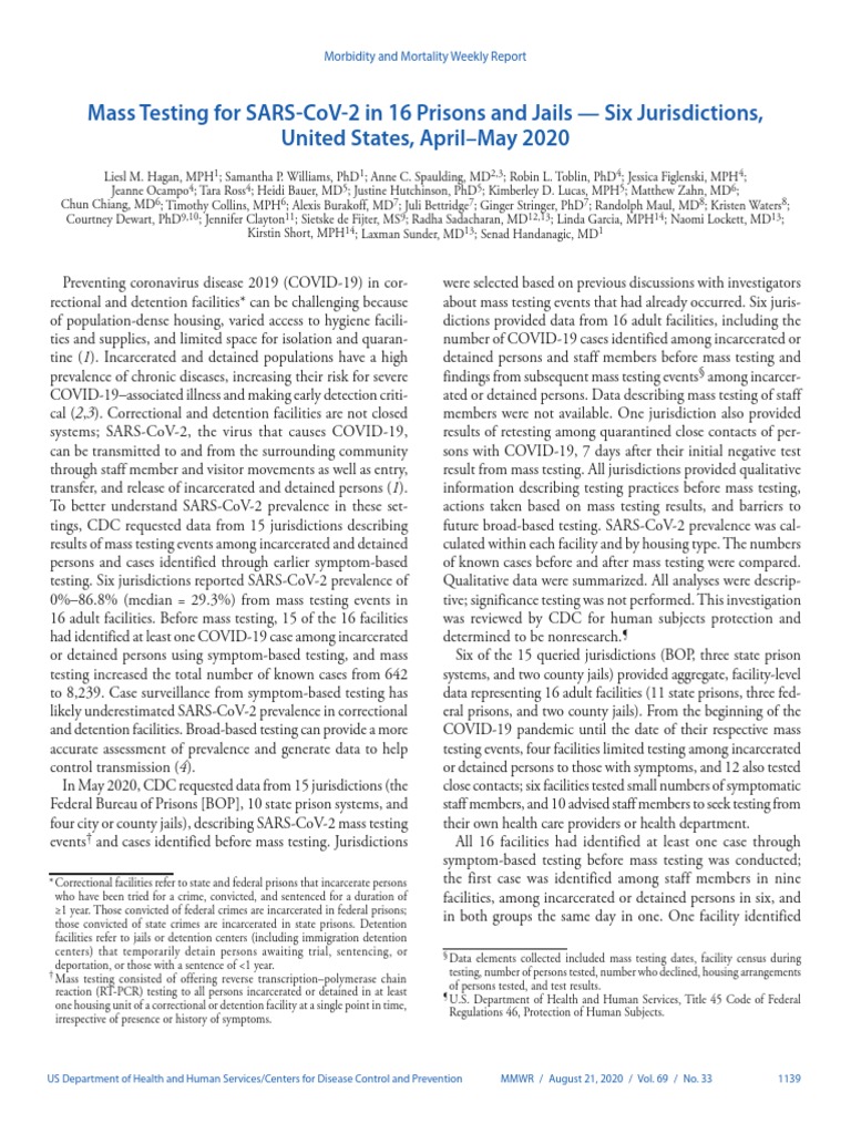 CDC MMWR Coronavirus Prisons Study | PDF | Prison | Quarantine