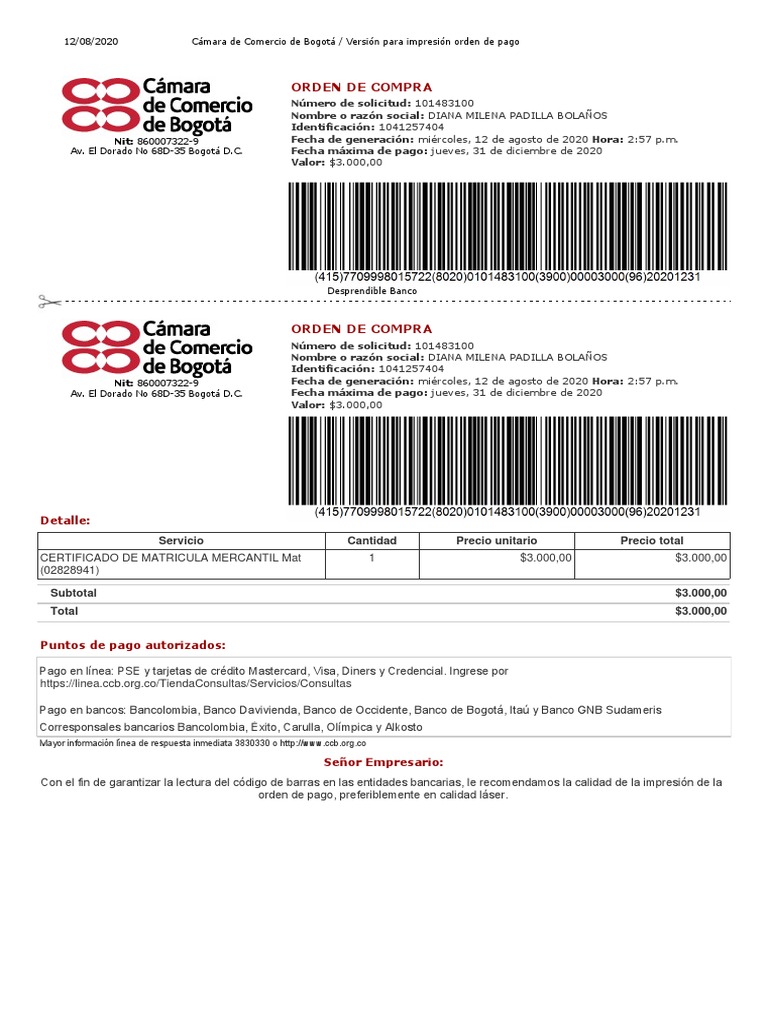 Orden de Pago CCB - 12 Agosto 2020 | PDF | Bancario | Servicios ...