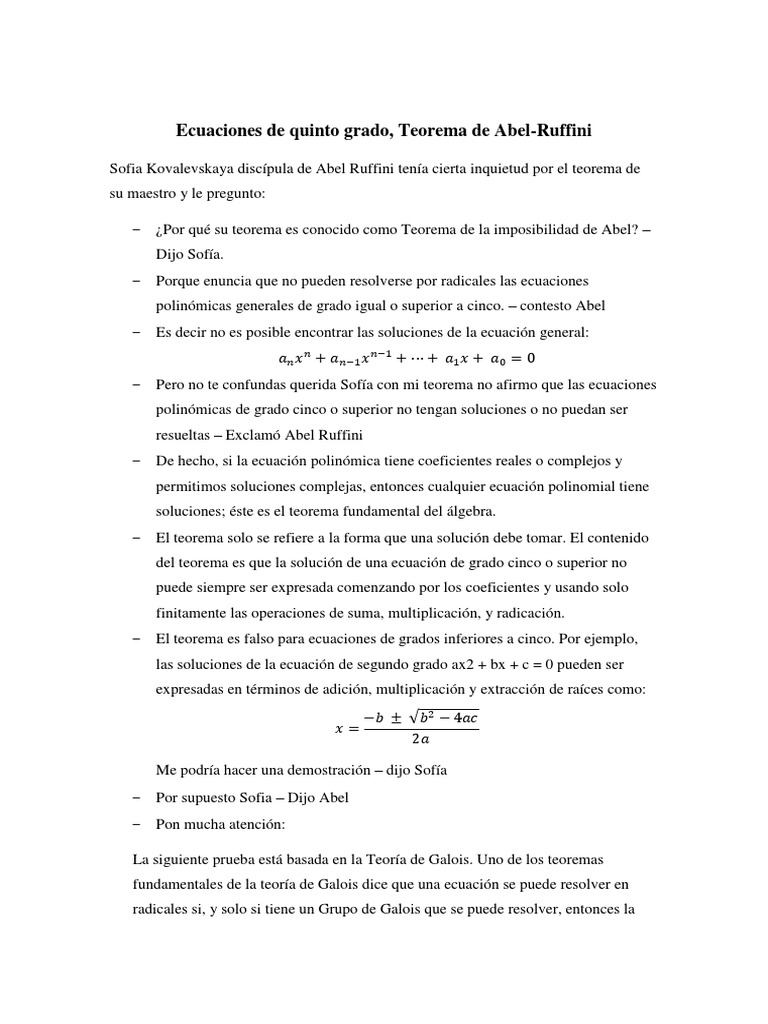 Teorema de Abel-Ruffini y ecuaciones 5to grado | PDF | Ecuaciones ...