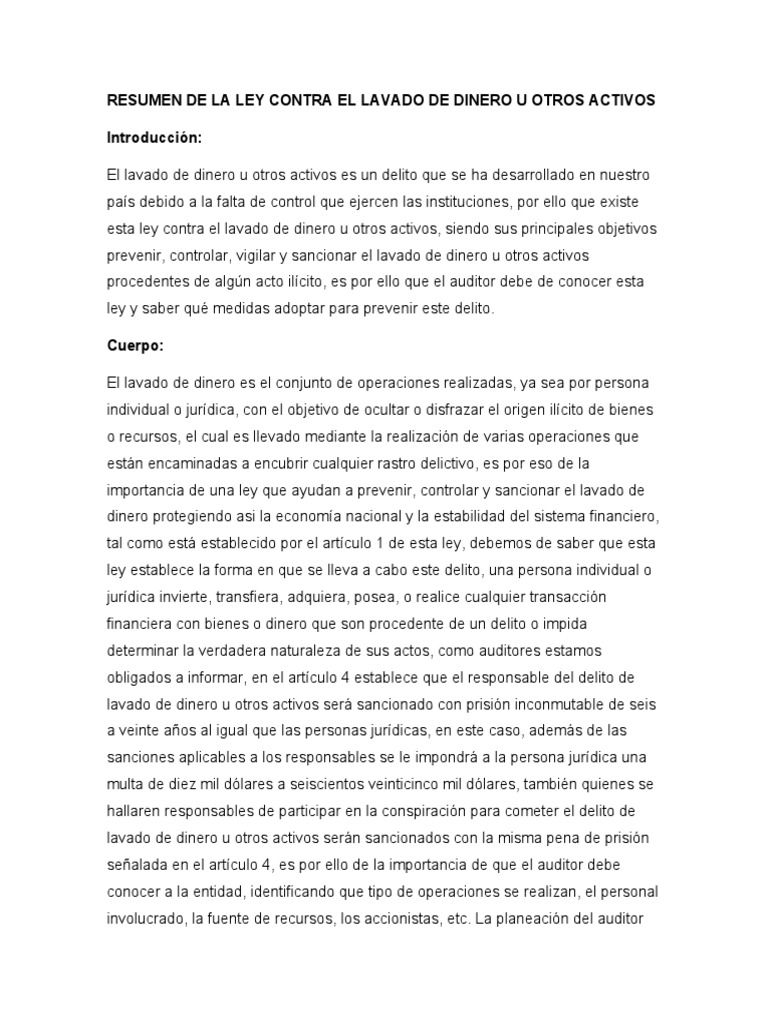Resumen de La Ley Contra El Lavado de Dinero U Otros Activos | PDF ...