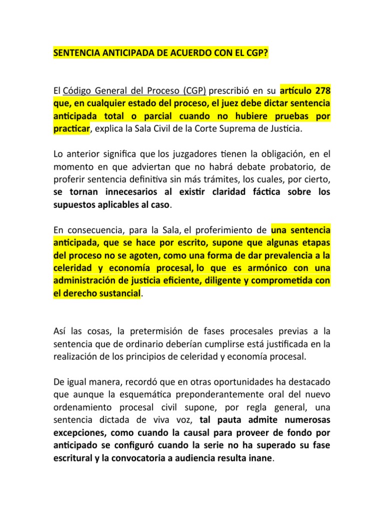 Sentencia Anticipada de Acuerdo Con El CGP | PDF | Procedimiento Civil