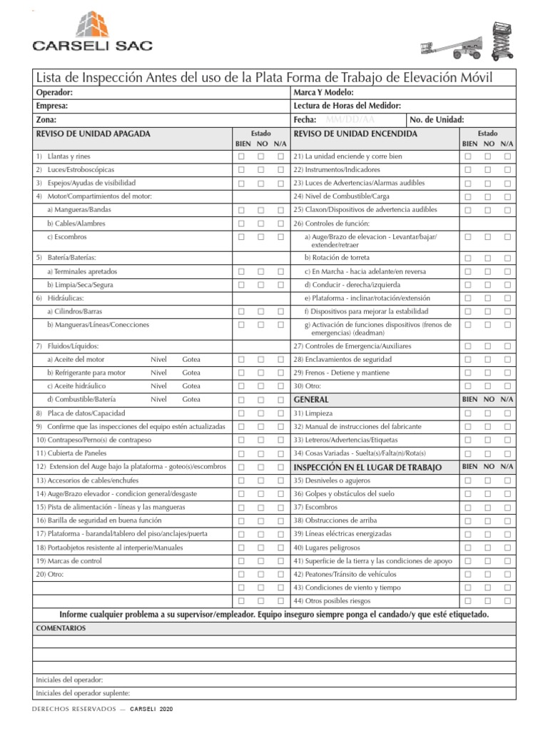 Check List de Plataforma PDF Vehículos