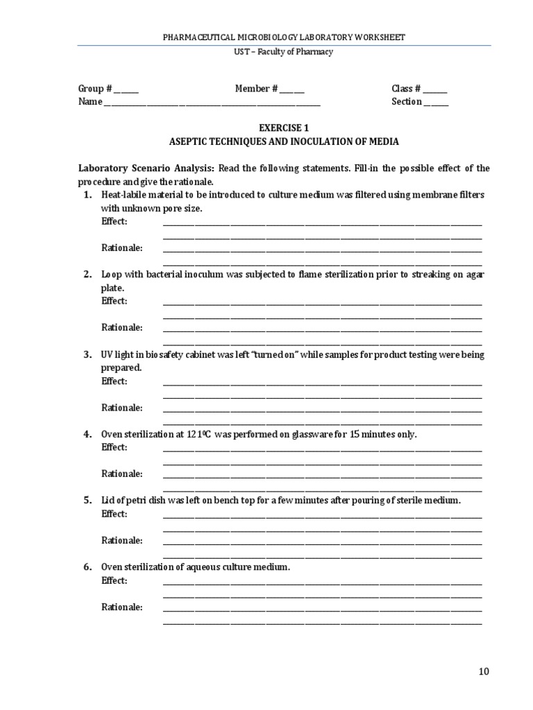 Pharmaceutical Microbiology Lab Worksheet | PDF | Laboratory Techniques ...