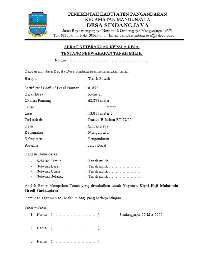 Surat Keterangan Kepala Desa Tentang Perwakafan Tanah Milik | PDF