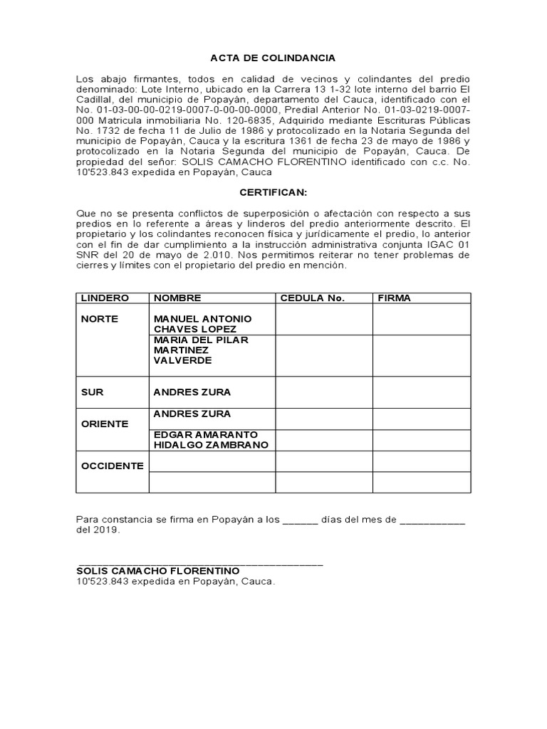 Acta de Colindancia PDF