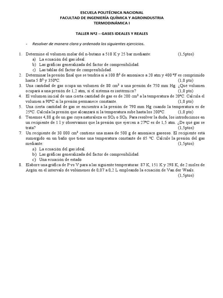 Taller de Termodinámica: Gases Ideales y Reales | PDF | Ciencia y ...