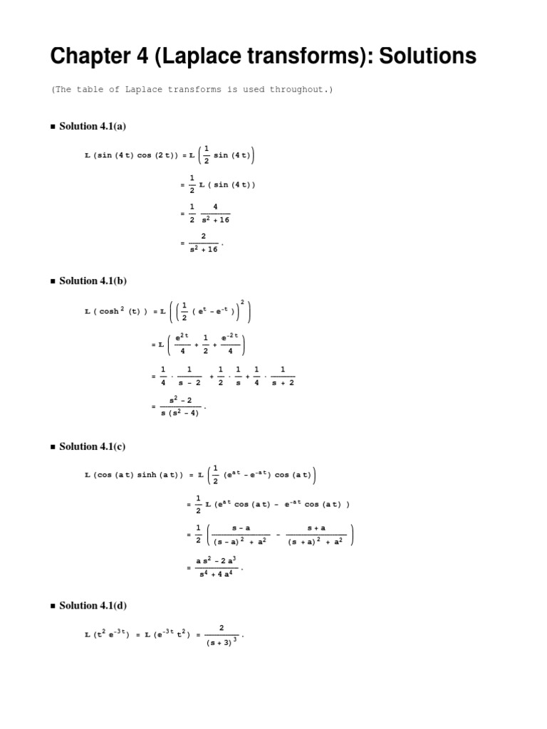 Chapter 4 (Laplace Transforms) : Solutions: Solution 4.1 (A) | PDF