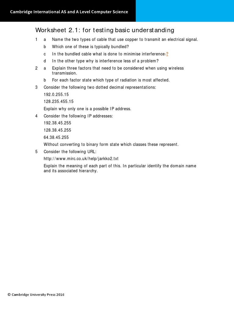 Worksheet 2.1: For Testing Basic Understanding: © Cambridge University ...