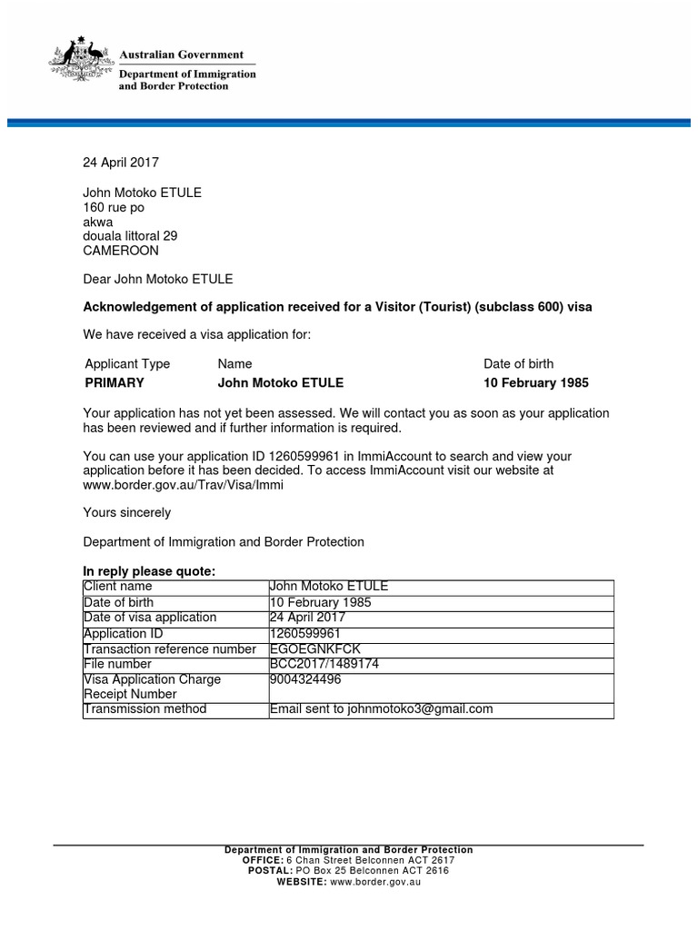 Acknowledgement of Application Received for Visitor (Tourist) Visa by