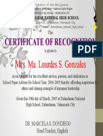 Certificate of Recognition: - Ma. Lourdes S. Gonzales