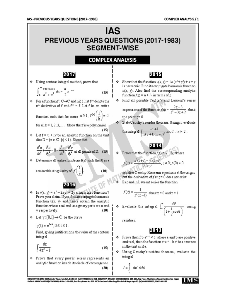 Complex Analysis Paper II Segment Wise Questions From 1983 To 2017 - by ...