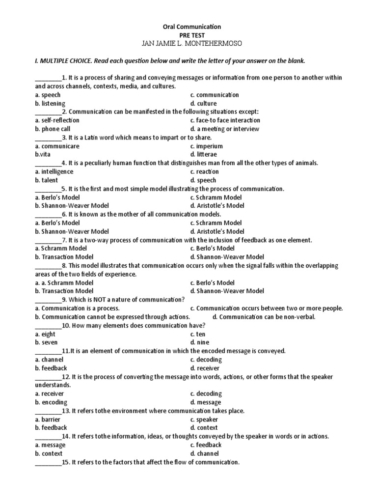 I. MULTIPLE CHOICE. Read Each Question Below and Write The Letter of ...