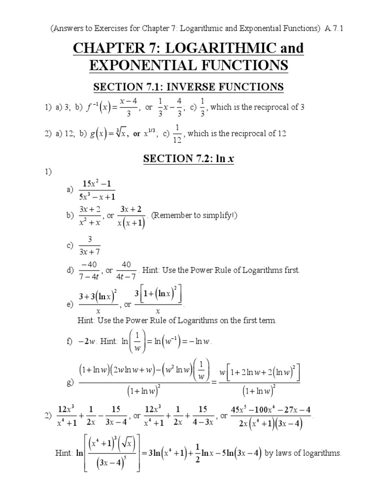 Logarithmic Functions Exercises Answers | PDF | Logarithm | Teaching ...