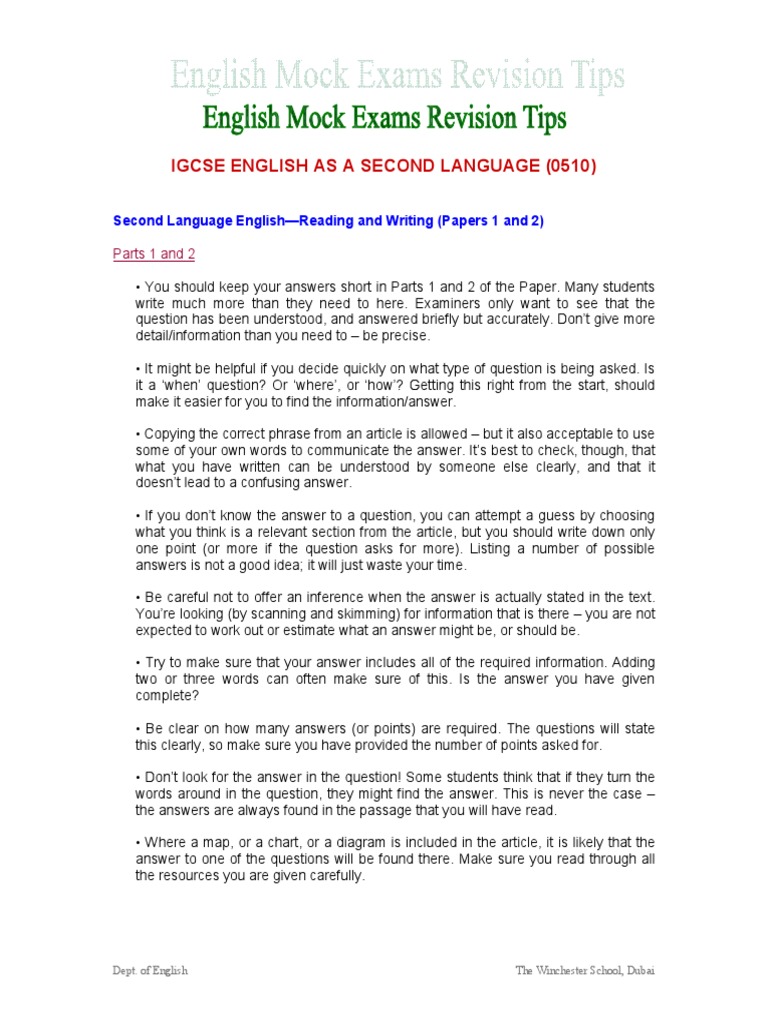 Igcse English As A Second Language (0510) | PDF | English As A Second ...
