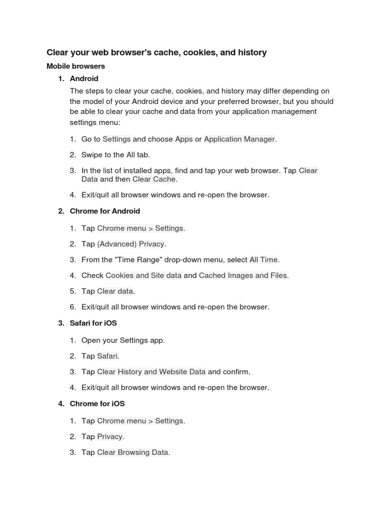 Clear Your  Browser's Cache, Cookies, and History Mobile Browsers 1. Android PDF Mobile