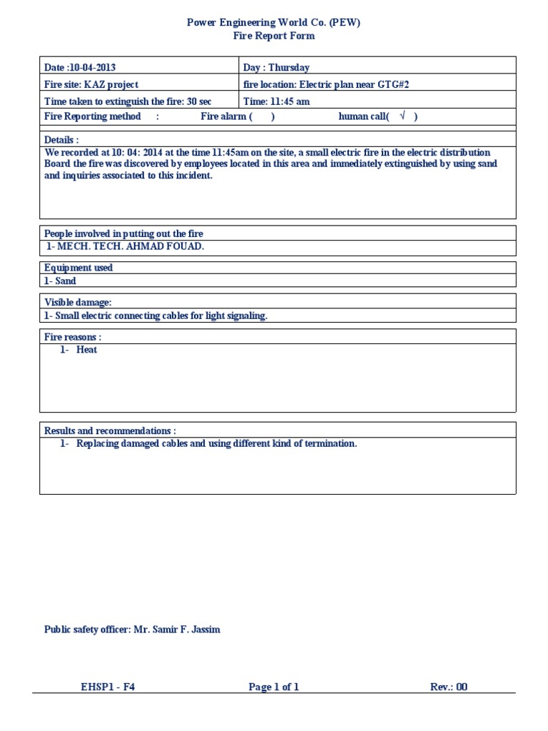 EHSP1 - F4 Fire Report Form | PDF
