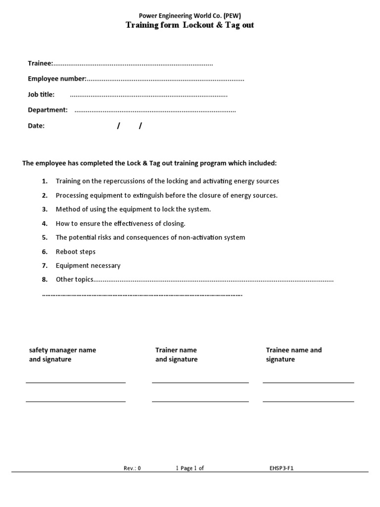 EHSP3 - F1 Training Form Lockout & Tag Out | PDF | Technology & Engineering