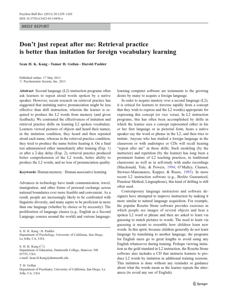 Retrieval Practice vs. Imitation in L2 Learning | PDF | Recall (Memory ...
