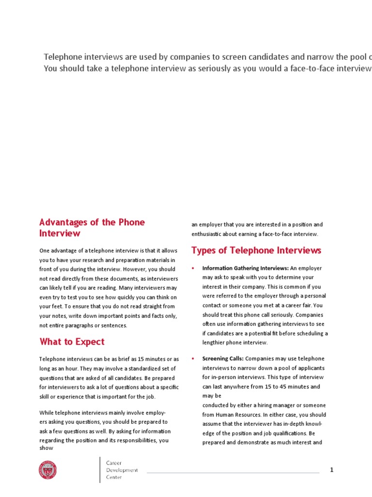 He Elephone Nterview Advantages of The Phone Interview Types of