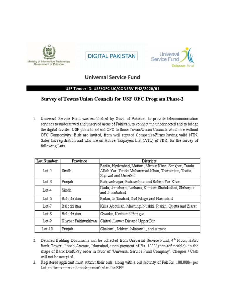 Universal Service Fund: Survey of Towns/Union Councils For USF OFC ...