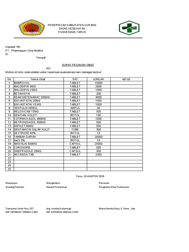Pesanan Obat Corosorb Puskesmas Tarus | PDF