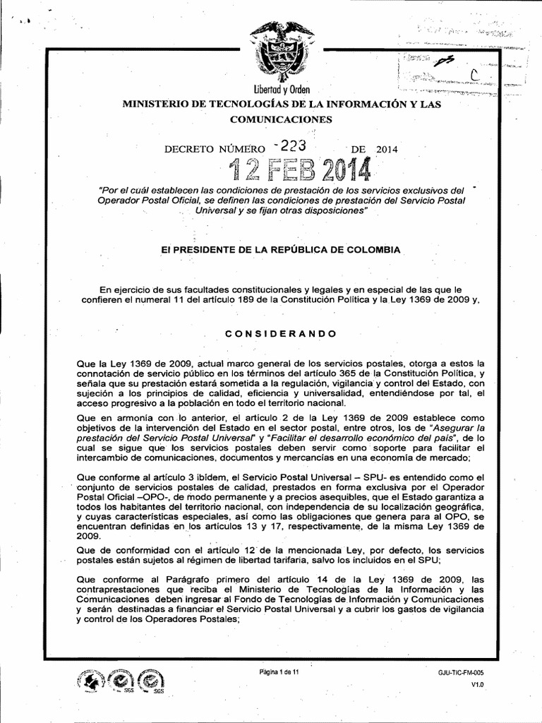 Condiciones del Decreto 223 de 2014 | PDF | Correo | Contabilidad