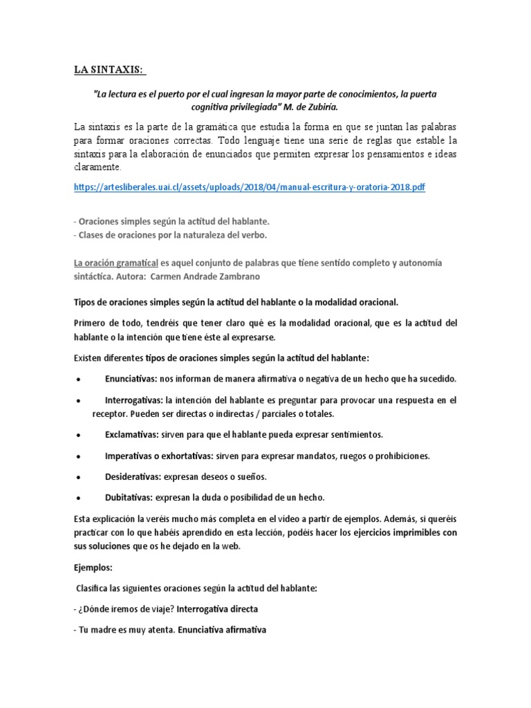 Sintaxis, Oraciones Gramatiales ACHH em 12 | PDF | Verbo | Oración ...
