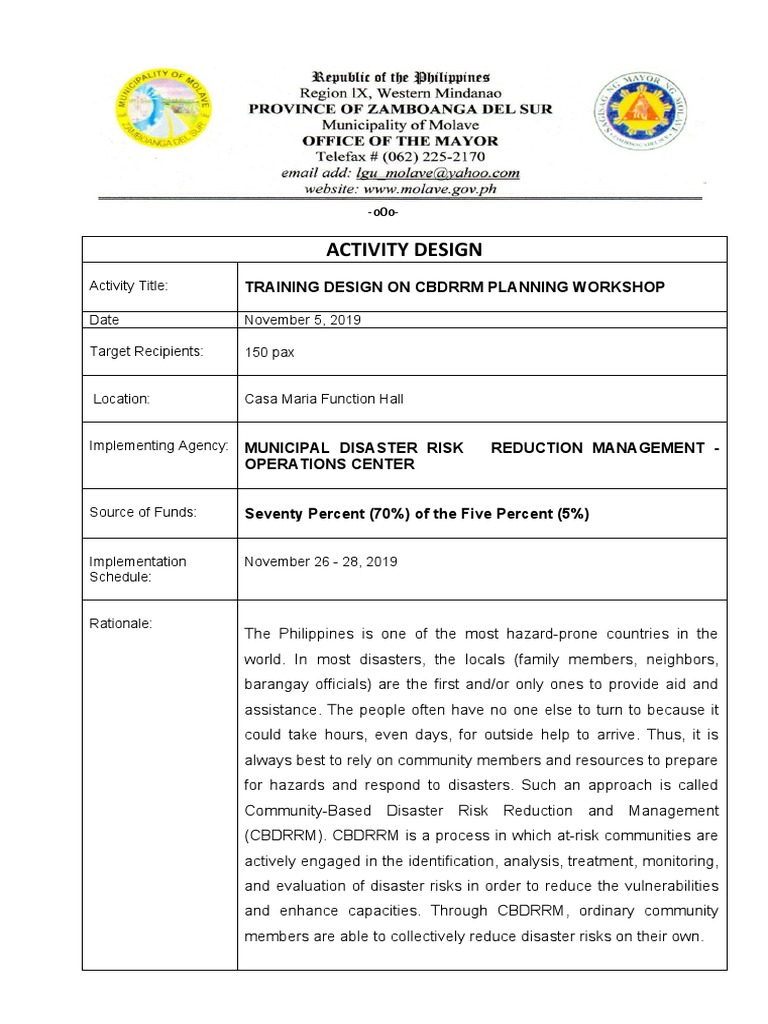 CBDRRM Training Workshop Design | PDF | Disaster Risk Reduction | Policy