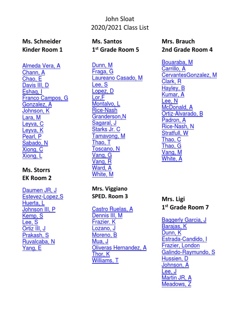 2020/2021 Class List for Ms. Schneider | PDF