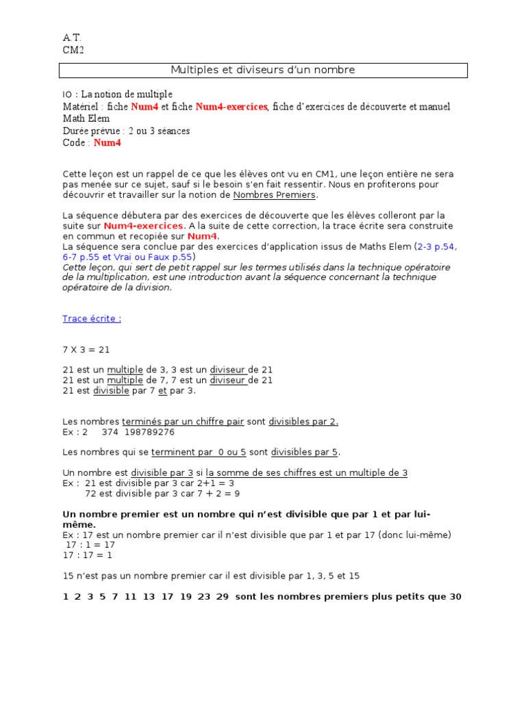 Exercices Sur Les Multiples Cm2 à Imprimer Num4 Multiples Et Diviseurs | PDF