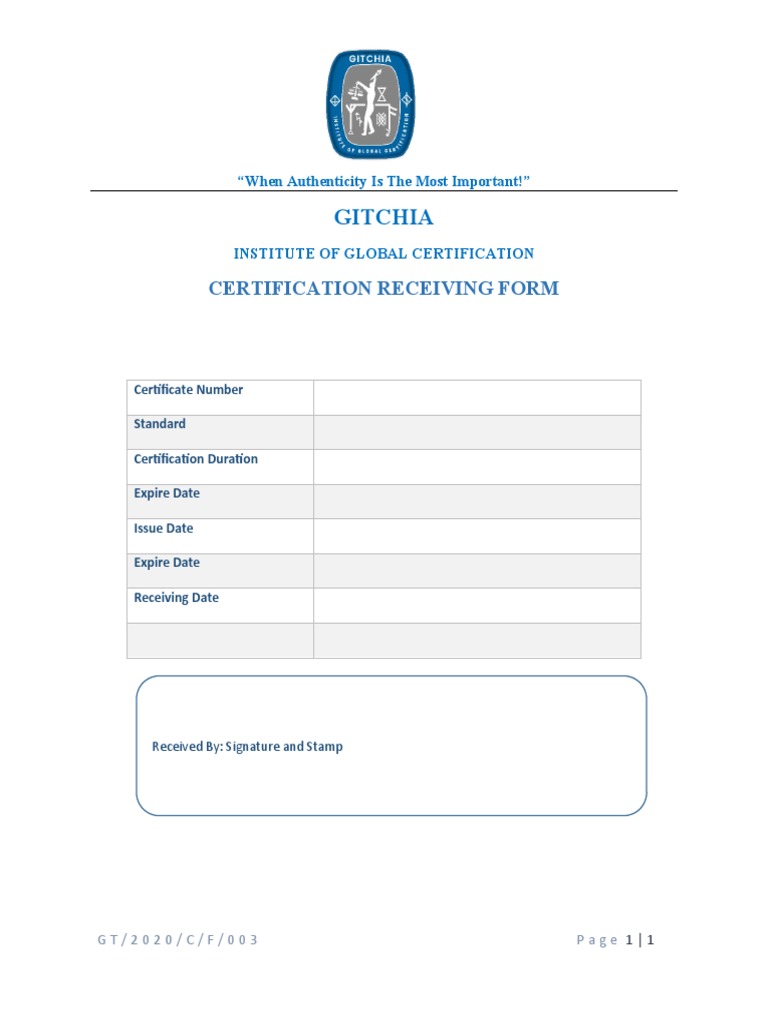 Gitchia: Certification Receiving Form | PDF | Finance & Money Management