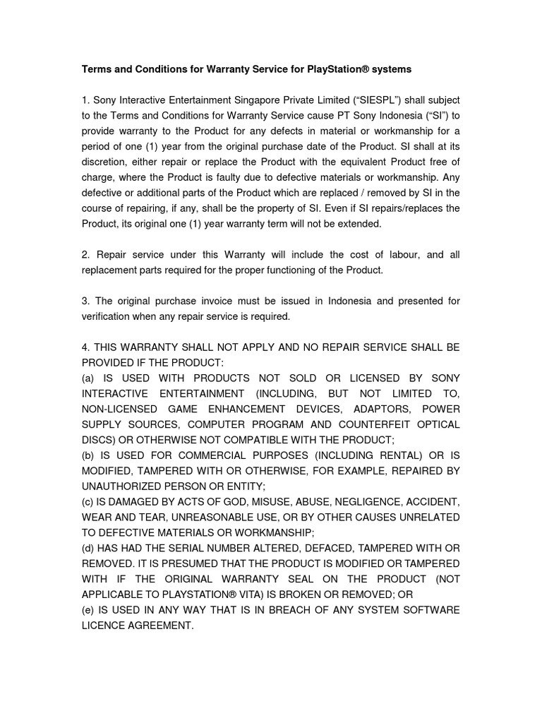 Terms and Conditions For Warranty Service For Playstation® Systems