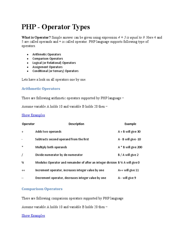 PHP - Operator Types | PDF | Arithmetic | Logic